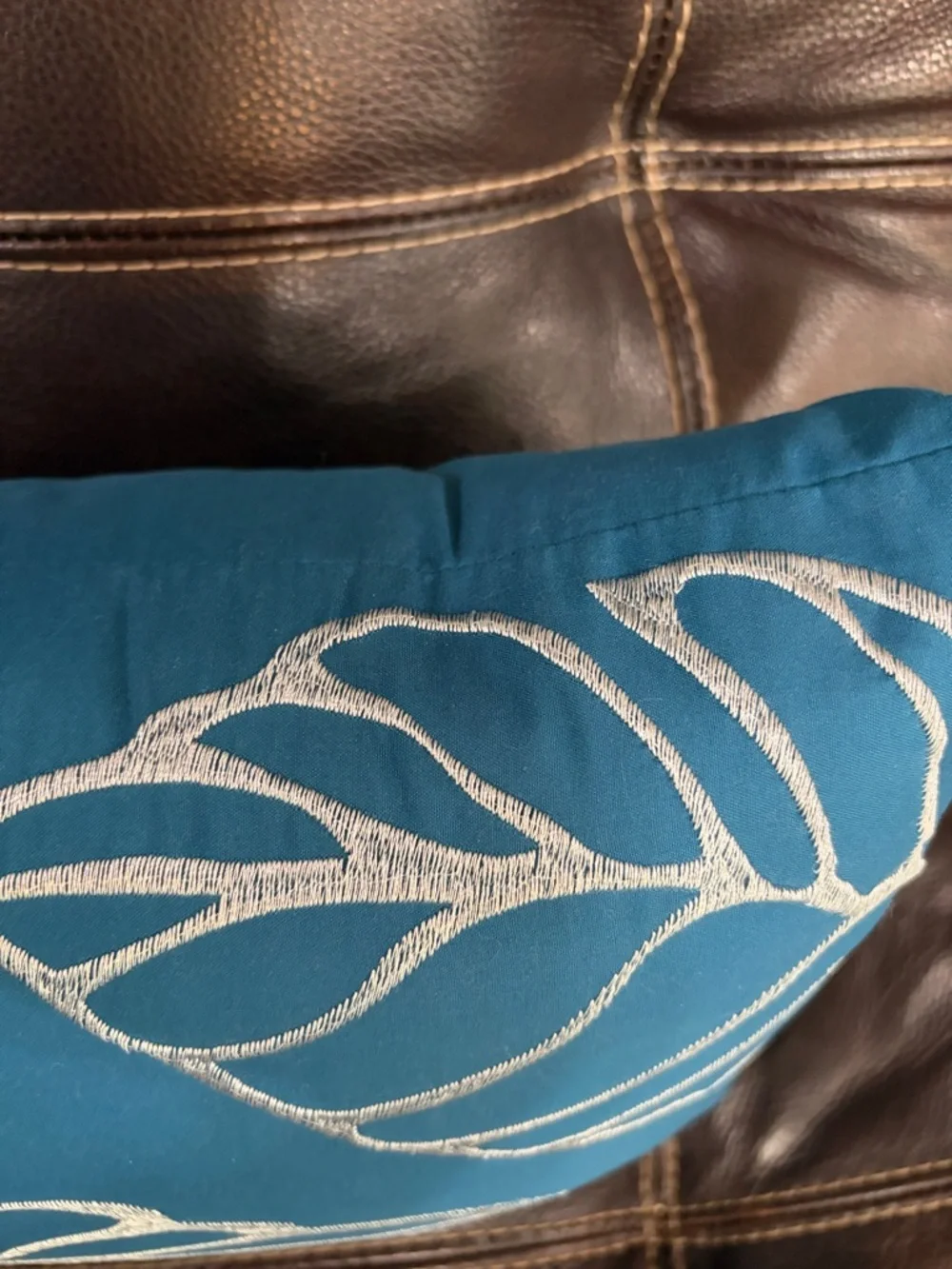 Teal Blue Decorative Throw Pillow with Silver Leaf Embroidery